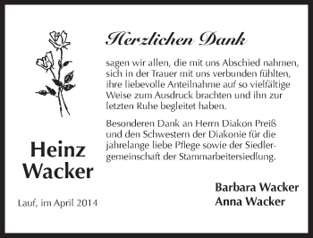 Traueranzeige von Heinz Wacker von Pegnitz-Zeitung